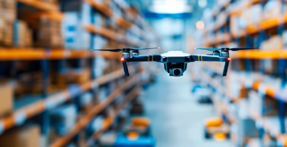 Drone Watch-Drone operando en pasillo de bodega